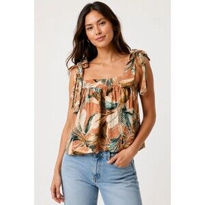 A.N.A. XL Orange Tropical Aloha Tank Top Square Neck Tie Shoulder Boxy Cropped